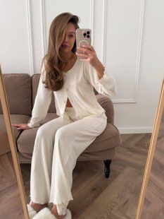 Домашній костюм Кофта + Штани, молочний S/M 241m фото