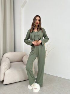 Домашній костюм-піжама 3 в 1 кофта, топ, штани, хакі M/L 165h фото