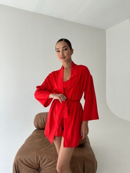 Домашній костюм 4 в 1 халат майка шорти штани червоний S 173red фото